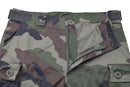 Close-up of French military cargo pants in CCE camo pattern with anti-mosquito ripstop fabric and button fly.