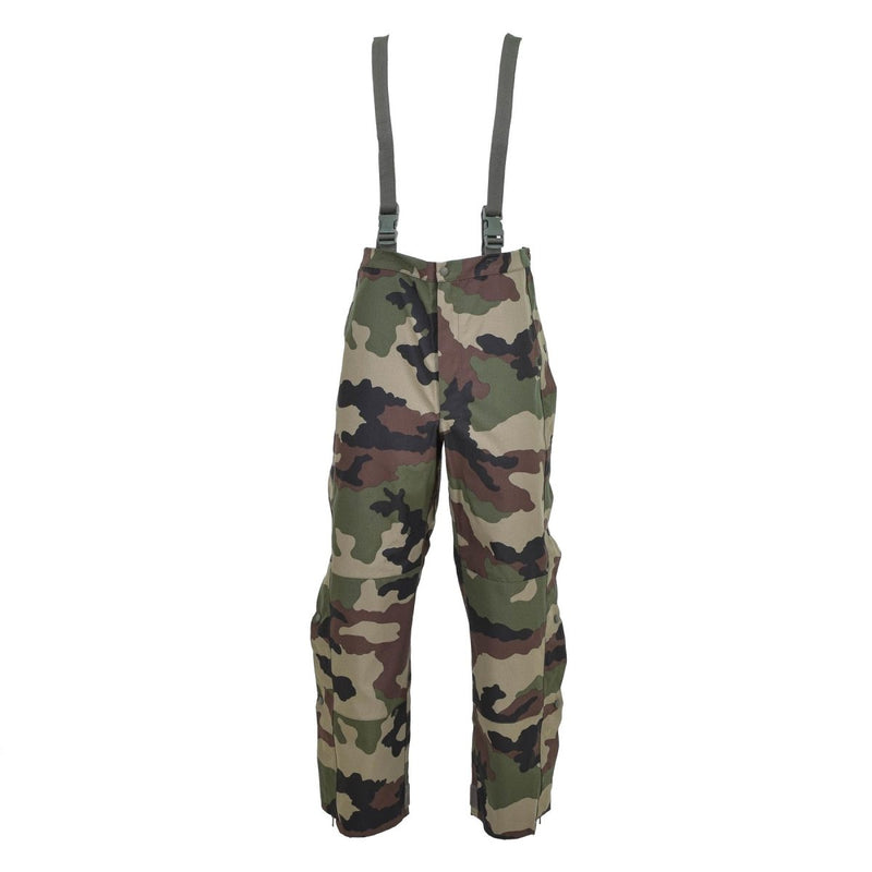 French military waterproof tri-laminate rain pants with CCE camo, adjustable braces, and durable construction