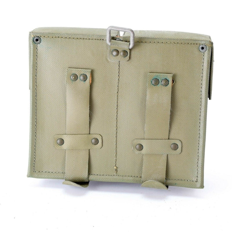 Original German army double ammo magazine pouch in olive drab with PVC coating and belt attachment loops.