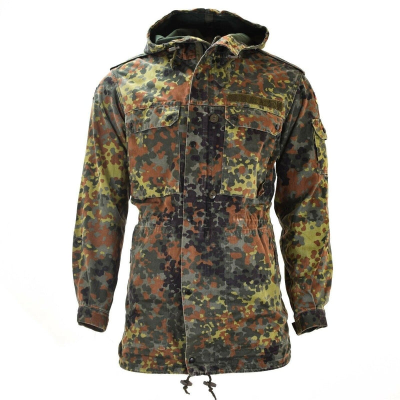 Original German army Flecktarn camouflage field jacket parka with liner, hood, adjustable cuffs, and multiple pockets
