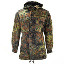 Original German army field jacket parka in flecktarn camo with hood and multiple pockets for outdoor use.