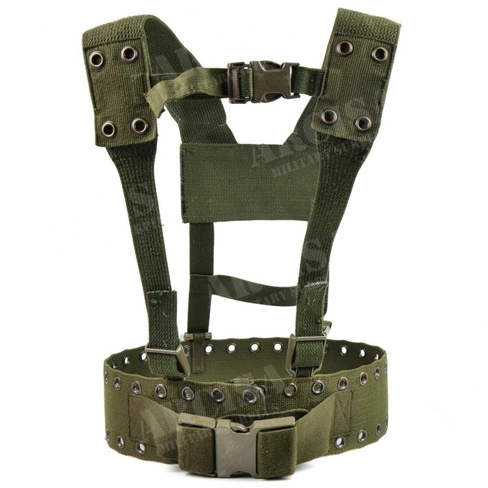 Original German army webbing rig system two-piece tactical belt Y-strap harness in olive, metal eyelets and adjustable straps
