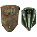 Original German BW Army folding shovel in green with camouflage carrying case for outdoor survival and camping use