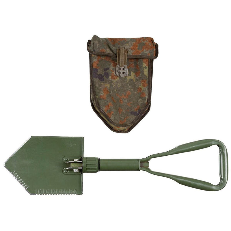 Original German BW Army folding shovel in green with serrated edge and camouflage carrying pouch for outdoor use