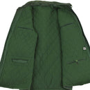 Inside view of green quilted liner with multiple zip and button pockets for Original German police parka jacket