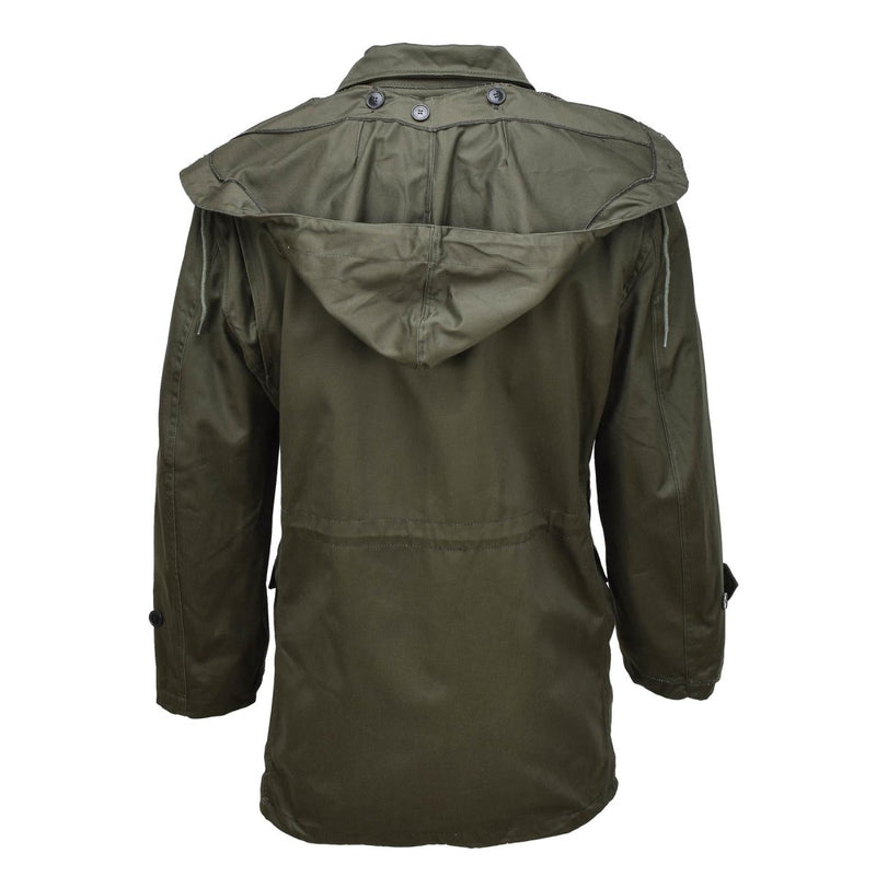 Back view of original Greek military M65 olive field jacket with hood in durable army surplus fabric
