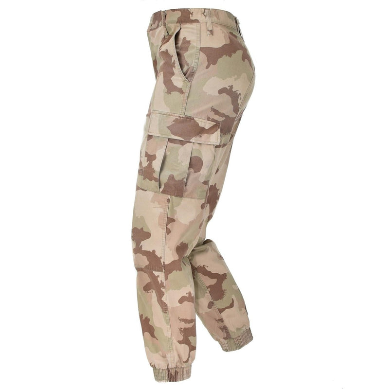 Side view of original Hungarian Army desert camo combat pants with cargo pockets and elastic cuffs.
