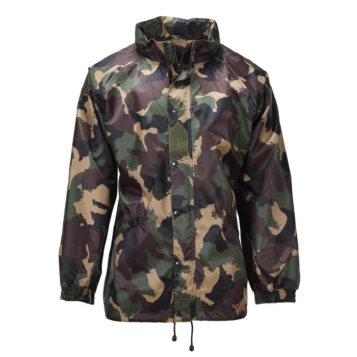 Original Hungarian Military Waterproof Jacket Roll Up Hood Button Flap M93 Camo in durable military surplus camping gear style