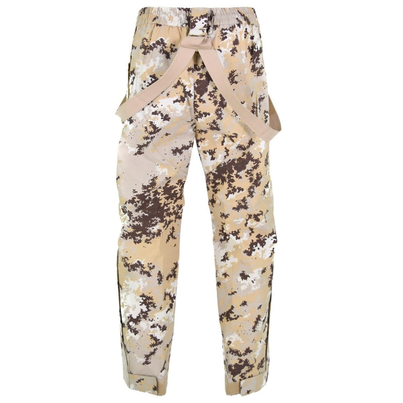 Original Italian Air Forces bib rain pants in desert camo with adjustable suspenders and elastic waist for outdoor use.