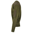 Side view of olive green wool military V-neck sweater with ribbed knit and reinforced elbow patch and arm pocket