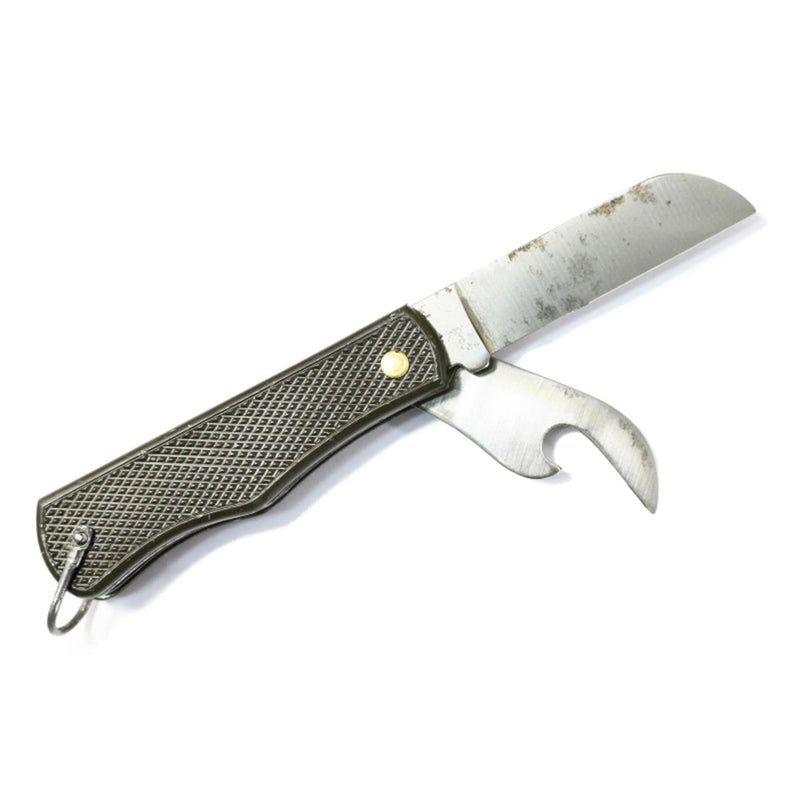 Italian military folding pocket knife with plastic olive handle and integrated can opener blade, stainless steel construction