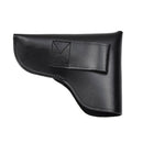 Black leather military-style holster designed for Beretta 92 pistol with belt loop and secure snap closure.