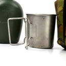 Original Netherlands Dutch Army canteen with metal cup and camouflage fabric cover on white background