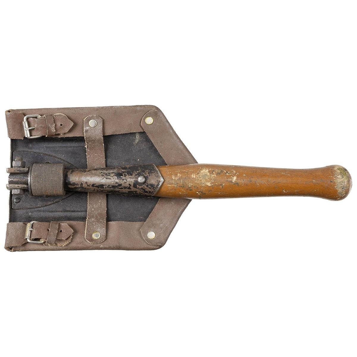 Pelle dentelée pliable originale de l'armée roumaine avec manche en bois et étui en cuir
