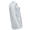 Original Swedish Army bluish-gray military shirt with epaulets and buttoned chest pockets side view.