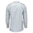 Back view of original Swedish Army bluish-gray military shirt with epaulets and long sleeves