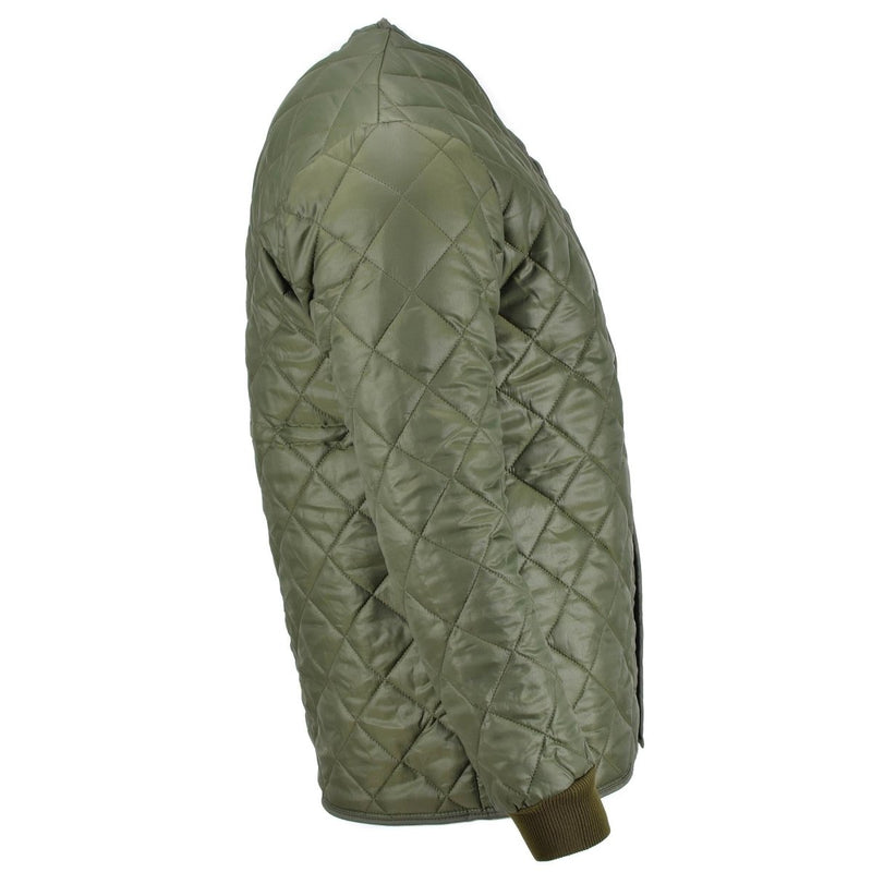 Side view of original Swedish army olive green quilted parka liner jacket for cold weather insulation and warmth