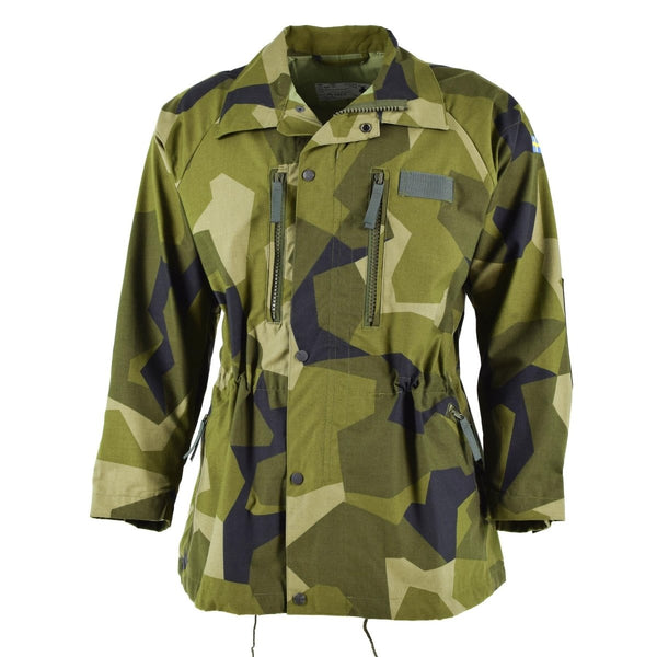 Original Swedish army M90 splinter camo military jacket with multiple pockets, adjustable waist and cuffs for outdoor use