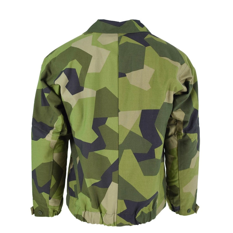 Back view of Original Swedish army M90 splinter camouflage jacket in green, beige, and black for combat and outdoor use