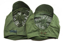 Two green original Swedish army helmet net covers with attached chin straps and ventilation mesh inside