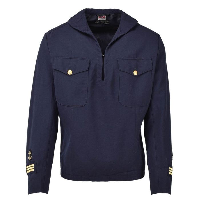 Original Swedish military navy blue sailors dress shirt with anchor patches and gold button details, formal naval style.