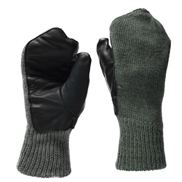 Original Swiss Military gray wool mittens with durable black leather palms for warmth and grip in cold weather.