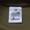 Close-up of size 48 label on khaki Original Swiss Army quick dry breathable sportswear T-shirt tag