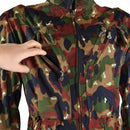Close-up of Swiss Alpenflage camouflage coverall suit showing zippered chest pocket and durable fabric details.