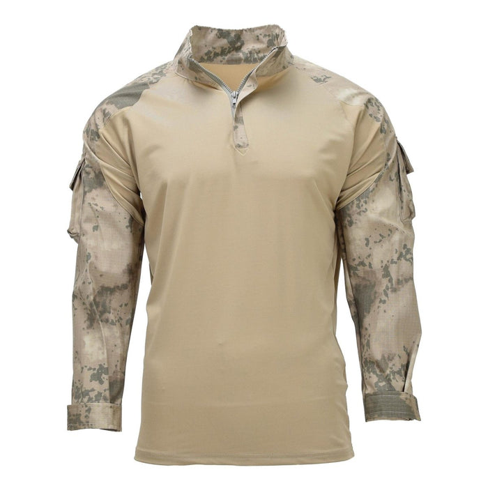 Chemise de combat tactique militaire turque originale avec torse respirant beige et manches longues camouflage, col zippé et poches sur les bras