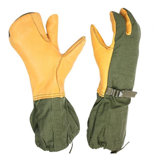 Original U.S. Army extreme cold weather mittens with trigger finger design, adjustable cuffs, and leather-reinforced palms.