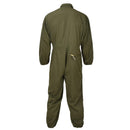 Back view of original U.S. military olive green mechanic coveralls with elastic cuffs and rear pocket zipper closure