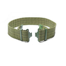 Military surplus green webbing belt with quick-release buckle for combat utility and pistol carry.
