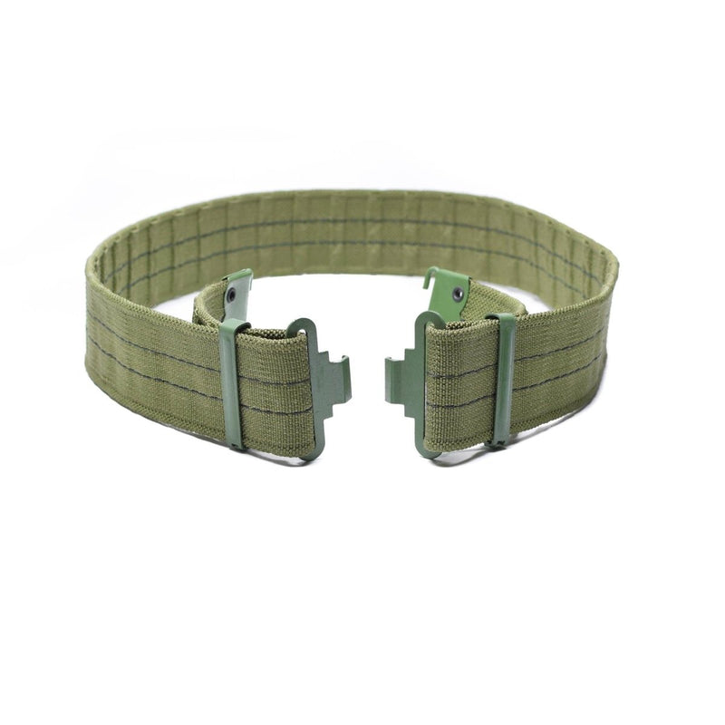 Military surplus green webbing belt with quick-release buckle for combat utility and pistol carry.