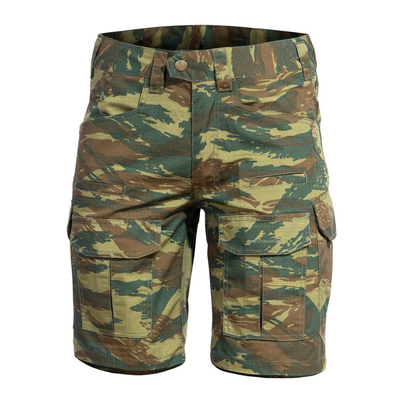 PENTAGON Lycos ripstop cargo shorts in lizard camo with reinforced pockets and triple stitching for durability.