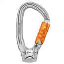 Metal carabiner with orange lock on a white background
