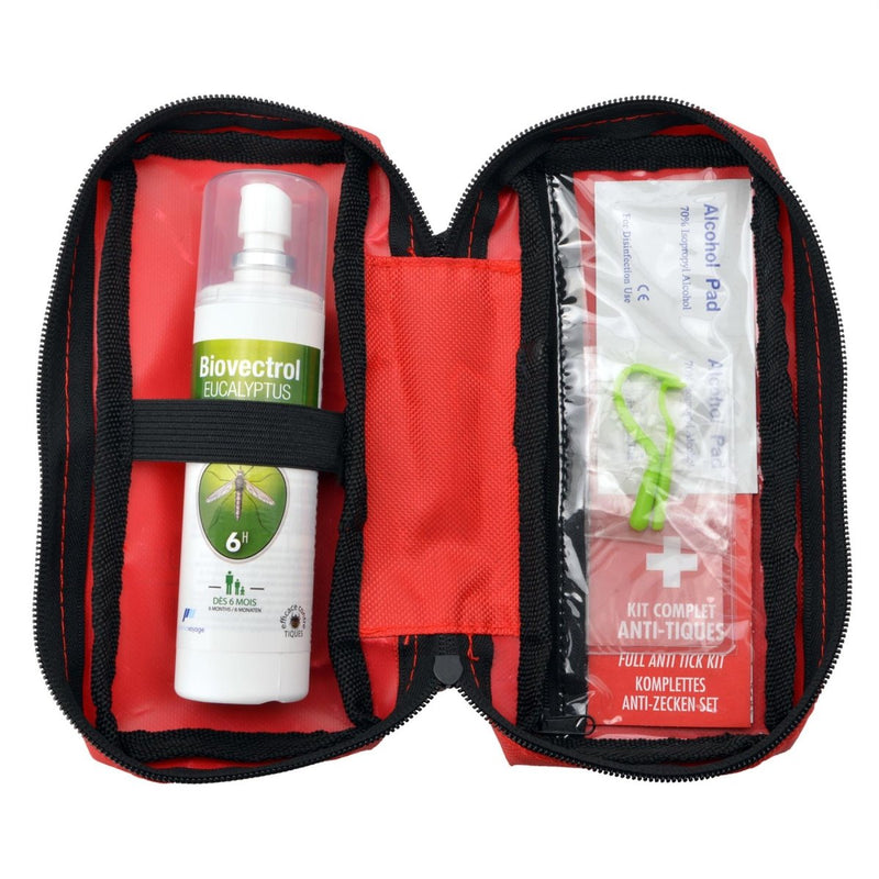 Open first aid kit with Biovectrol spray and alcohol pad on a white background