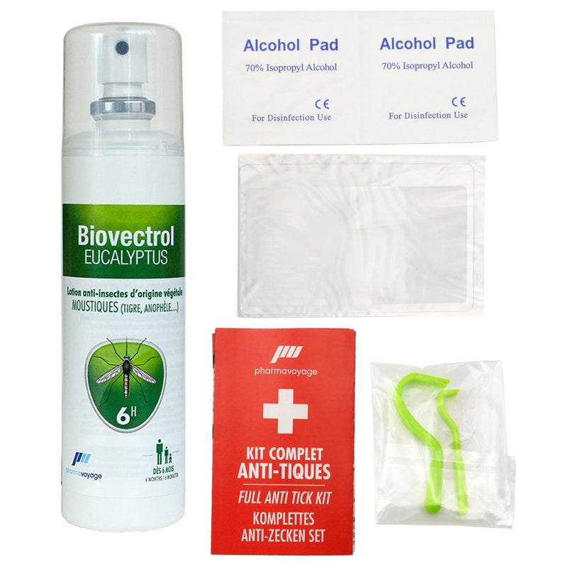 Biovectrol eucalyptus spray, alcohol pads, and anti-tick kit on a white background