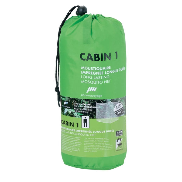Green mosquito net packaging with 'Cabin 1' branding on a white background
