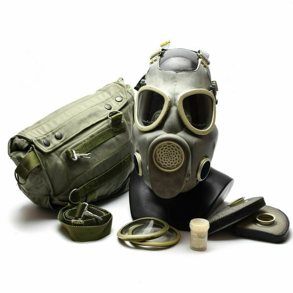 Polish Military MP-4 vintage gas mask in grey olive with carrying bag, filters, and accessories on white background
