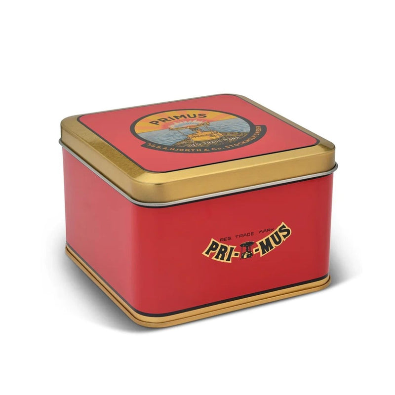 Red and gold Primus branded metal storage tin for the ClassicTrail Stove 130 camping burner.
