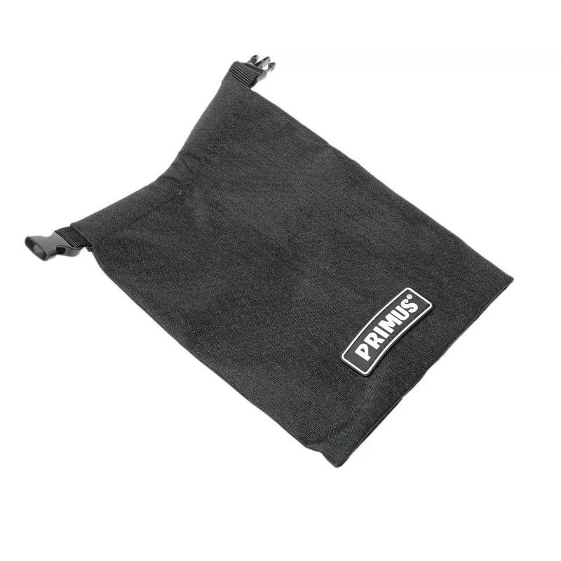 Black Primus branded drawstring storage bag for camping stove accessories or cookware, lightweight and portable.