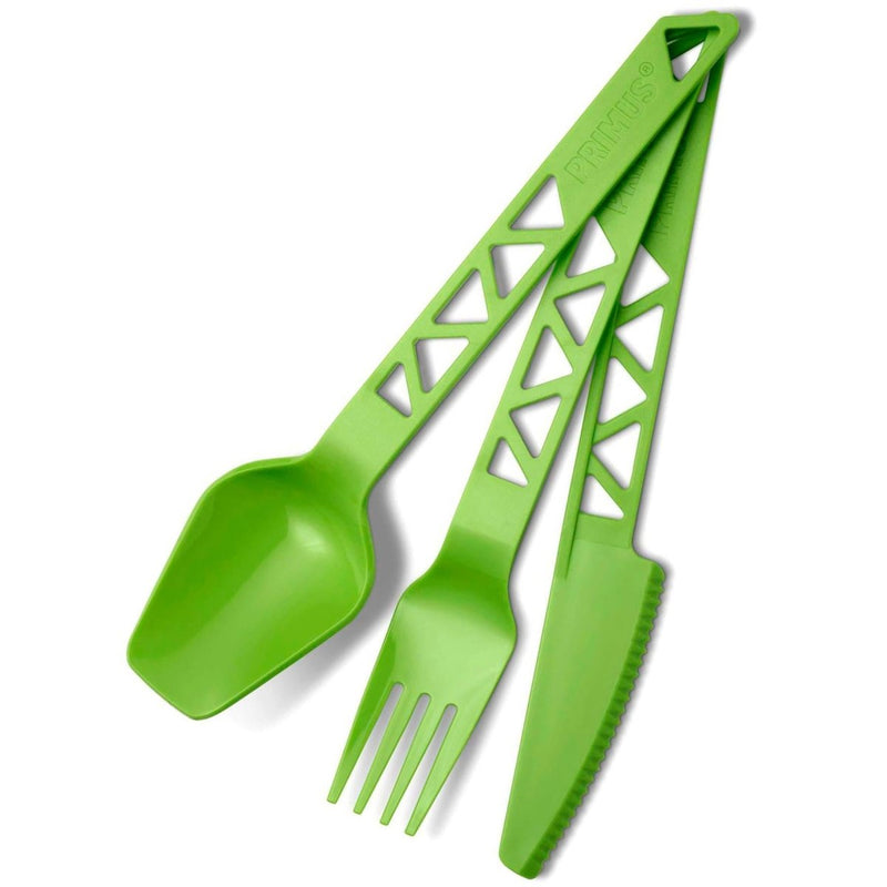 Lightweight green plastic camping cutlery set with spoon, fork, and serrated knife for outdoor use