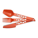 Lightweight orange plastic camping cutlery set with knife, fork, and spoon for outdoor hiking and picnics.