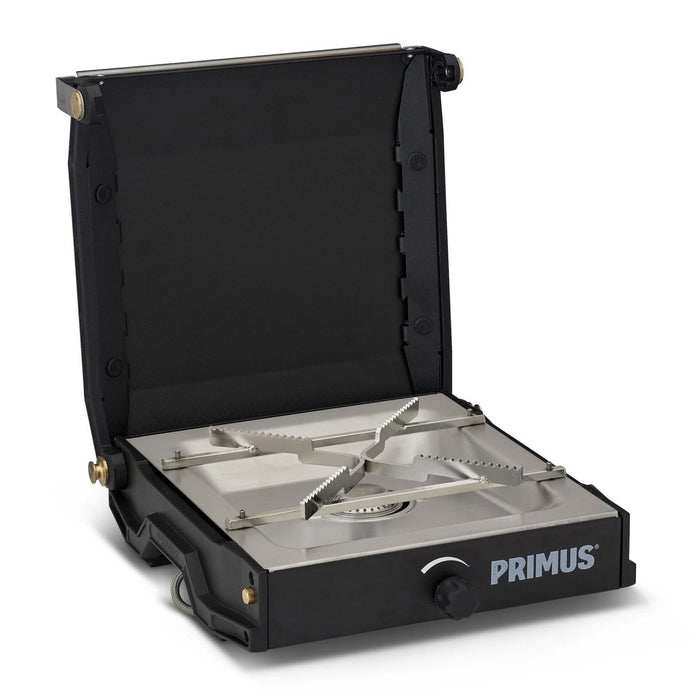 Compact Primus Moja Stove with enameled steel pot supports and gas burner for efficient outdoor camping cooking