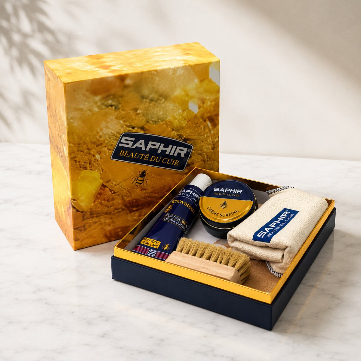 Saphir Box Large Shoe Care Kit Smooth Leather Polish Brush Cloth Set