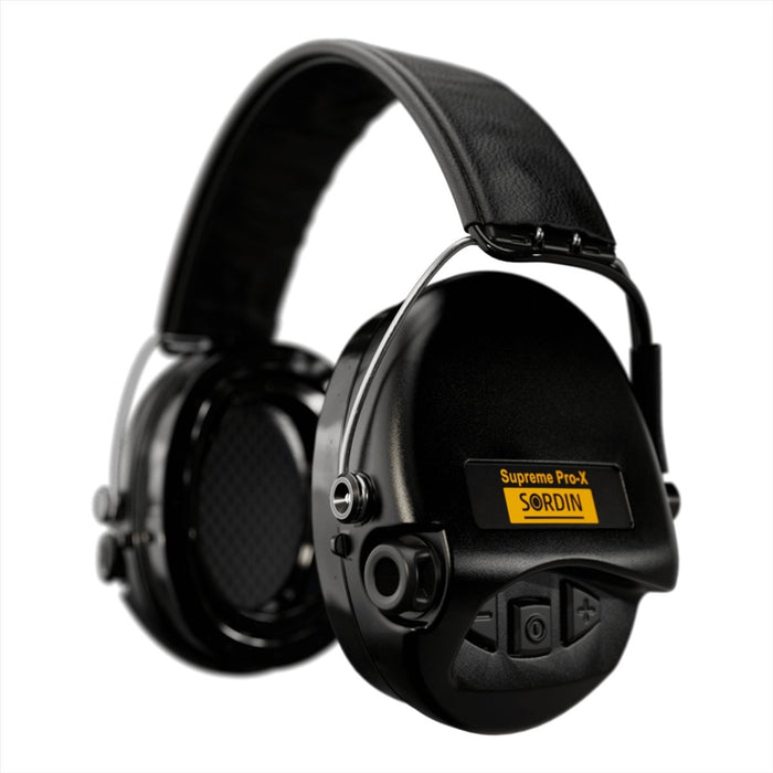 Black Sordin Supreme Pro-X LED electronic shooting hearing protection headset with adjustable headband and control buttons