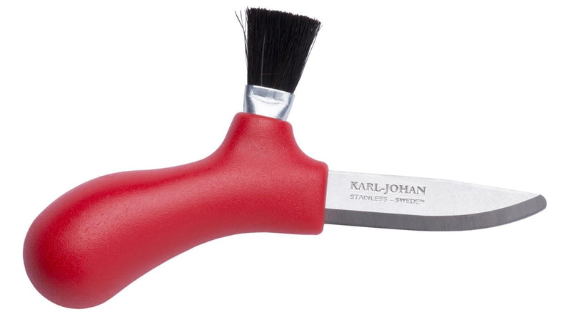 Swedish Mora mushroom picking knife with 62mm stainless steel blade and real horsehair brush in red ergonomic handle.