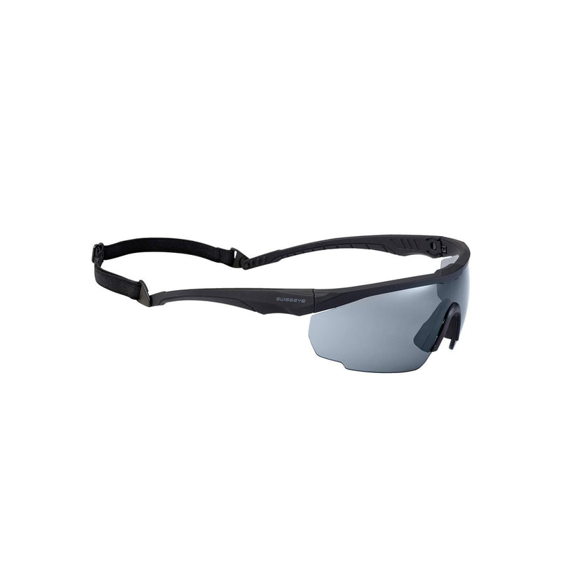 SWISS EYE safety goggles with dark tinted lens, adjustable strap, anti-fog, anti-scratch, and UV protection for shooting.