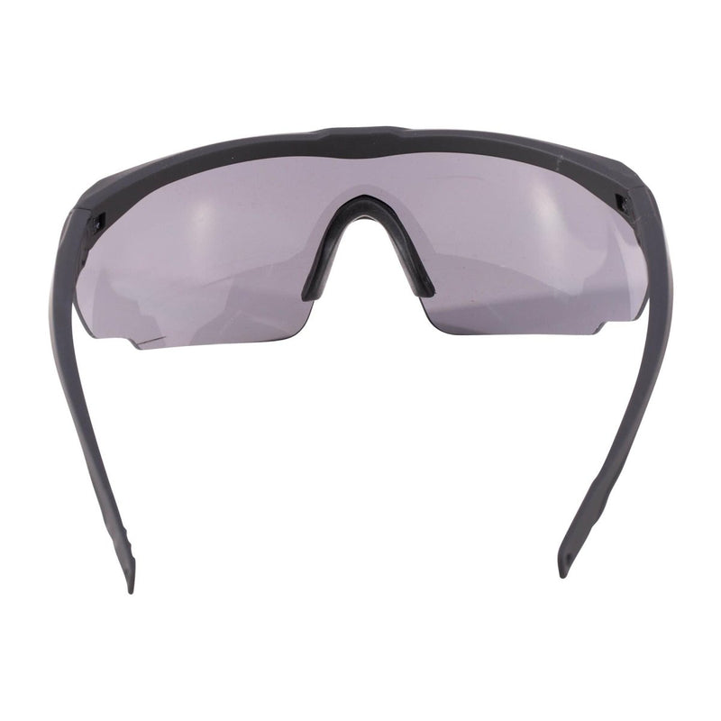 Black tactical SWISS EYE safety goggles with dark anti-fog, anti-scratch UV-protection lenses for shooting.