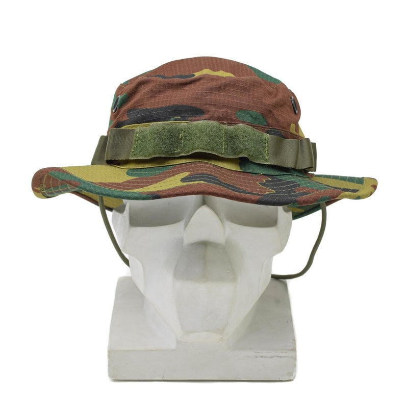 Belgian military style boonie hat with wide brim in jigsaw camo ripstop fabric displayed on mannequin head